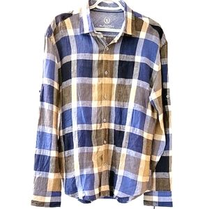 BUGATCHI Shaped Fit Multi-colour Plaid Long Sleeve Linen Button-down Shirt Large